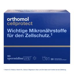 Orthomol Cellprotect ist ein Nahrungsergänzungsmittel. Es enthält wichtige Mikronährstoffe für den Zellschutz. Mit Spermidin.