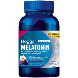 Hoggar® Melatonin Gummies: Angenehm schneller einschlafen. Weichgummis mit Blaubeergeschmack.1 mg Melatonin, Vitamin B6, Baldrian-, Lavendel- und Kamillenextrakt.
