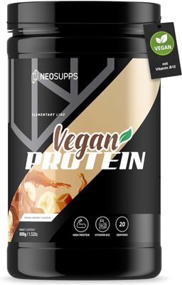 Neosupps Vegan Protein Pulver, 600g, Banana Caramel, mit Vitamin B12 & zuckerarm