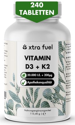 XTRA FUEL Vitamin D3 + K2 Tabletten: hochdosierte 20.000 I.E. + 200mcg MK-7