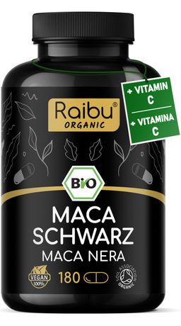 Bio Maca Schwarz Kapseln 3200 mg Tagesdosis mit Vitamin C - Vegane Maca Kapseln bio aus Peru | RAIBU