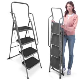 ELONEO Stehleiter 4 Stufen extra dicke Handläufe, rutschsichere & große Trittflächen