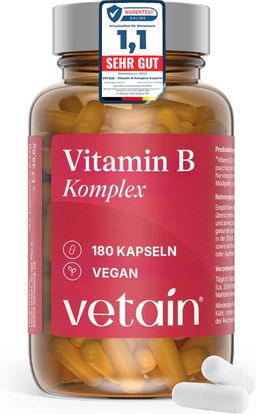 VETAIN Vitamin B Komplex - alle 8 B-Vitamine mit B3, B5, B6, Biotin (B7), Folat & B12 - bioaktiv