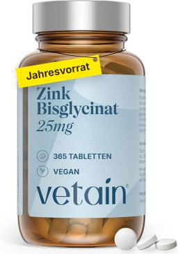 VETAIN Zink 25mg hochdosiert - 365 Tabletten - mit Zink Bisglycinat für hohe Bioverfügbarkeit