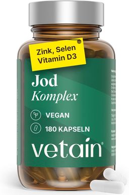 VETAIN Jod Komplex für Schilddrüse - 150µg Jod, Selen, Vitamin D3, Zinkbisglycinat - 100% Vegan