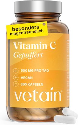 VETAIN Vitamin C gepuffert 500mg - säurefreies Calcium - pH-neutral, magenschonend & hochdosiert