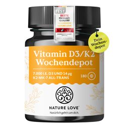 NATURE LOVE® Vitamin D3 K2 Wochendepot – 180 Stück – 7000IE D3 + 140µg K2/Tablette >99,7% all-trans