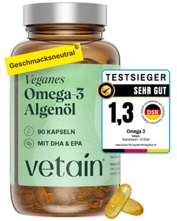 VETAIN Omega 3 Vegan Algenöl Kapseln - Hochdosiert DHA & EPA - Triglycerid Form - Frisches Algenöl