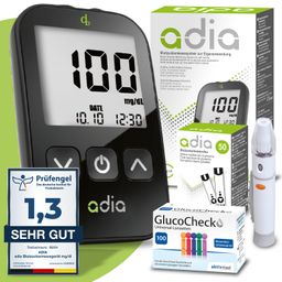 adia Blutzuckerteststreifen (60 Stück) mit Blutzuckermessgerät (mg/dl) und 110 Lanzetten