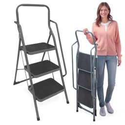 ELONEO Stehleiter 3 Stufen extra dicke Handläufe, rutschsichere & große Trittflächen