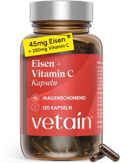 VETAIN Eisen Vitamin C hochdosiert - 45mg Eisen + 250mg Vitamin C pro Kapsel – 4 Monate Vorrat