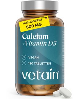 VETAIN Calcium Vitamin D3 Tabletten – 800mg Kalzium + 20µg D3 pro Tag – vegan, ohne Zusätze