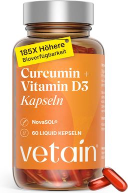 VETAIN Kurkuma Kapseln mit Vitamin D3 - 185x höhere Bioverfügbarkeit - Mizellares Curcumin NovaSOL