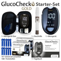 GlucoCheck GOLD Set (mg/dl) zur Kontrolle des Blutzuckers mit 110 Teststreifen