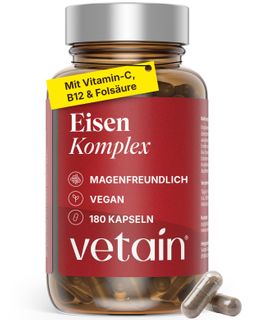 VETAIN Eisen Vitamin C Komplex - 20mg Eisenbisglycinat, Kupfer, Vitamin B6, B12 & Folsäure - vegan
