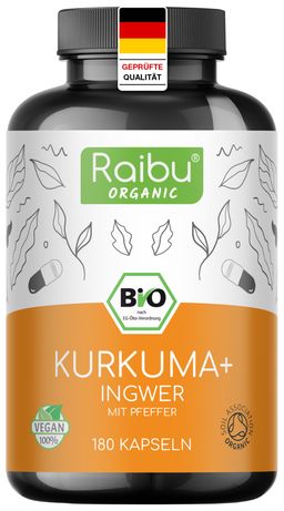 BIO Kurkuma Kapseln + Ingwer + Pfeffer, Hochdosiert - RAIBU