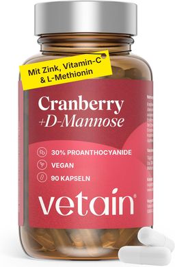 VETAIN Cranberry D-Mannose Kapseln - Komplex mit Vitamin C, Zink & L-Methionin – 1.500mg D Mannose