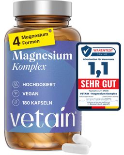 VETAIN Magnesium Komplex TESTSIEGER - Hochdosiert: Magnesium Bisglycinat, Citrat, Malat & Taurat