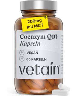 VETAIN Coenzym Q10 Kapseln - Hochdosiert: 200mg Ubiquinon - Mit MCT für beste Aufnahme - 100% Vegan