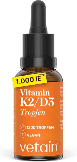 VETAIN Vitamin D3 K2 Tropfen - Premium K2VITAL® 99,7% All-Trans - in MCT Öl  - 1000 I.E. Vitamin D3