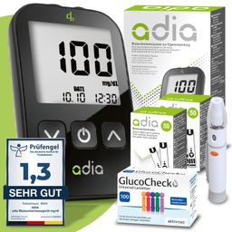 adia Blutzuckermessgerät (mg/dl) Set + 110 Blutzuckerteststreifen + 110 Lanzetten