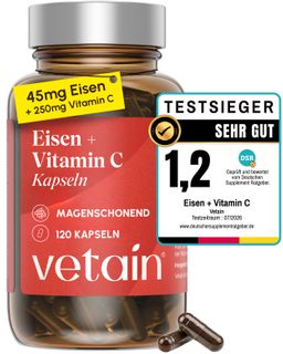 VETAIN Eisen Vitamin C hochdosiert - 45mg Eisen + 250mg Vitamin C pro Kapsel – 4 Monate Vorrat