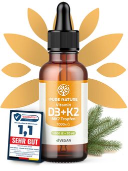 Pure Nature 1000 IE Vitamin D3 K2 Tropfen, Bio-Kokus-MCT C8 Öl >99,8% All Trans
