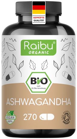Bio Ashwagandha Kapseln | 2400 mg Wurzelpulver, vegan | Hergestellt in Deutschland | RAIBU
