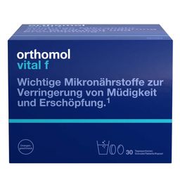 Orthomol Vital f für Frauen - bei Müdigkeit - mit B-Vitaminen, Omega-3 und Magnesium - Granulat/Tabletten/Kapseln - Orangen-Geschmack