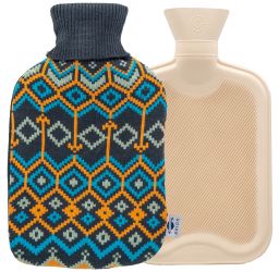 axion® Wärmflasche mit Bezug – blau-gelb | einseitig Diamant | Strick (33 x 20 cm)