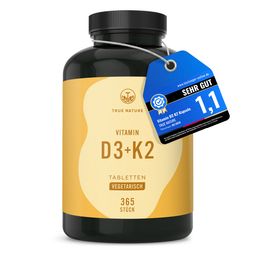Vitamin D3 K2 Testsieger hochdosiert - 2500 IE Vitamin D3 - 365 Tabletten (1 Jahr) - TRUE NATURE®