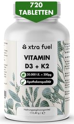 XTRA FUEL Vitamin D3 + K2 Tabletten: 20.000 I.E. + 200mcg MK-7 all-trans