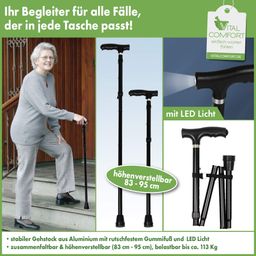 Vital Comfort Reisestock aus Aluminium, faltbar, mit Licht, belastbar bis 113 kg in schwarz