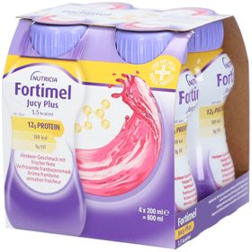 Fortimel® Jucy Plus Himbeere mit frischer Note – Hochkalorische Trinknahrung mit vielen wichtigen Nährstoffen – 300 kcal und 12 g Eiweiß pro Flasche