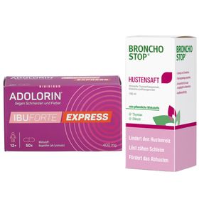 BRONCHOSTOP® Hustensaft + ADOLORIN® IBUFORTE EXPRESS - Jetzt 10% sparen mit Code „adolorin10“