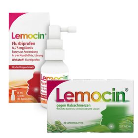 Lemocin® gegen Halsschmerzen, Zitronengeschmack, zuckerfrei + Lemocin® Flurbiprofen Spray bietet rasche Hilfe bei akuten Halsschmerzen