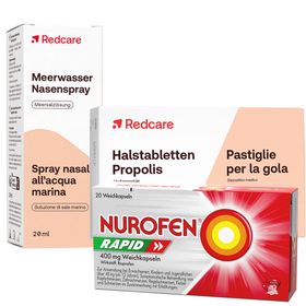 Redcare Meerwasser Nasenspray + Redcare Halstabletten Propolis + NUROFEN® Rapid Weichkapseln 400mg Ibuprofen bei Schmerzen - für langanhaltende Schmerzlinderung