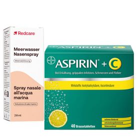 Redcare Meerwasser Nasenspray + Aspirin® +C Brausetabletten bei Erkältung, grippalen Infekten, Schmerzen und Fieber