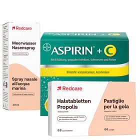 Redcare Meerwasser Nasenspray + Aspirin® +C Brausetabletten bei Erkältung, grippalen Infekten, Schmerzen und Fieber + Redcare Halstabletten Propolis