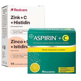 Redcare Zink + C+ Histidin + Aspirin® +C Brausetabletten bei Erkältung, grippalen Infekten, Schmerzen und Fieber