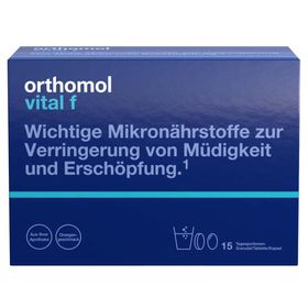 Orthomol Vital f für Frauen - bei Müdigkeit - mit B-Vitaminen, Omega-3 und Magnesium - Granulat/Tabletten/Kapseln - Orangen-Geschmack