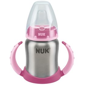NUK First Choice Plus Learner Cup Edelstahl Trinklernflasche rosa 125ml mit Griffen & Silikon Trinktülle, 6-18 Monate