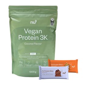 nu3 Vegan Protein 3K Shake, Coconut + Fit Protein Bites Peanut Butter + Fit Protein Bites Double-Choc