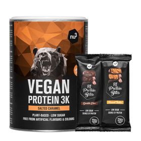 nu3 Vegan Protein 3K Shake, Salted Caramel + Fit Protein Bites Peanut Butter + Fit Protein Bites Double-Choc