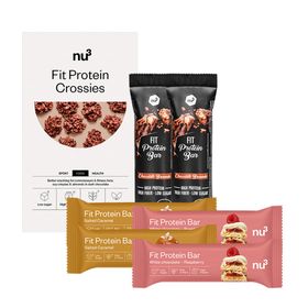 nu3 Fit Protein Crossies + Protein Bar, Salted Caramel + Protein Bar, Chocolate Brownie + Protein Bar, White Chocolate Raspberry
