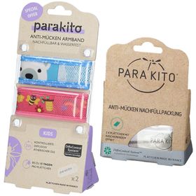 PARA KITO Anti-Mücken Armband Doppelpack (Farbe nicht wählbar) und PARA KITO Mückenschutz Nachfüllpack Plättchen