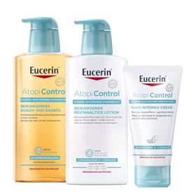 Eucerin® AtopiControl Beruhigende Reichhaltige Lotion beruhigt die Haut bei Neurodermitis + Eucerin® AtopiControl Hand Intensiv-Creme + Eucerin® AtopiControl Dusch-und Badeöl