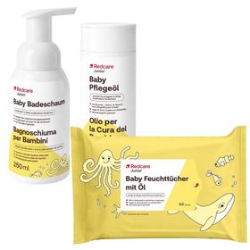 Redcare Junior Baby Pflegeöl + Redcare Junior Baby Badeschaum + Redcare Baby Feuchttücher mit Öl