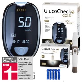 GlucoCheck GOLD Set (mmol/L) zur Kontrolle des Blutzuckers mit 60 Teststreifen