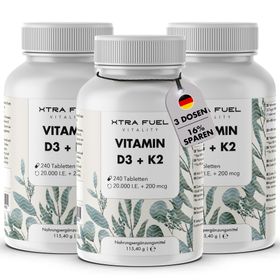 XTRA FUEL Vitamin D3 + K2 Tabletten: hochdosierte 20.000 I.E. + 200mcg MK-7